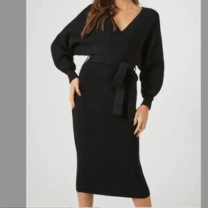 CLOSET CLOSEOUT SALE - Black Surplice Wrap Knit Sweater Dress